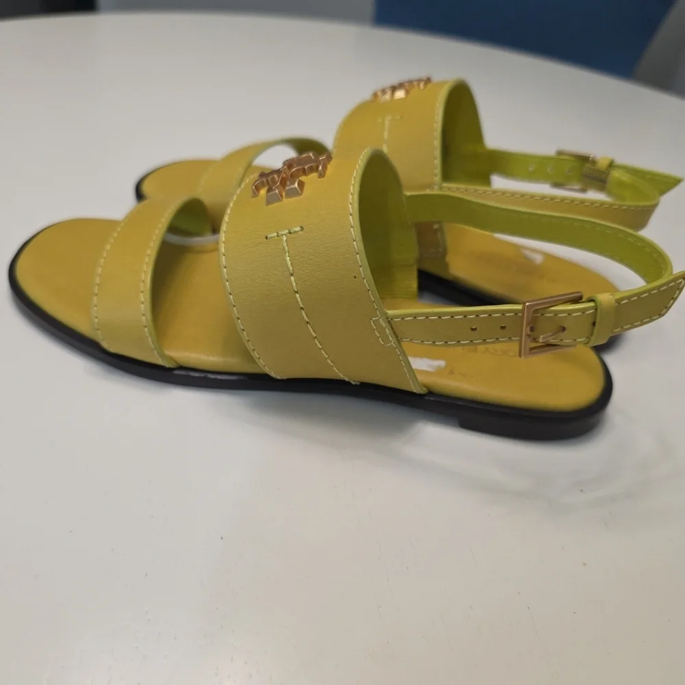 TORY BURCH Everly Double Strap Leather Flat Sandals in Island Chartreuse Size 5